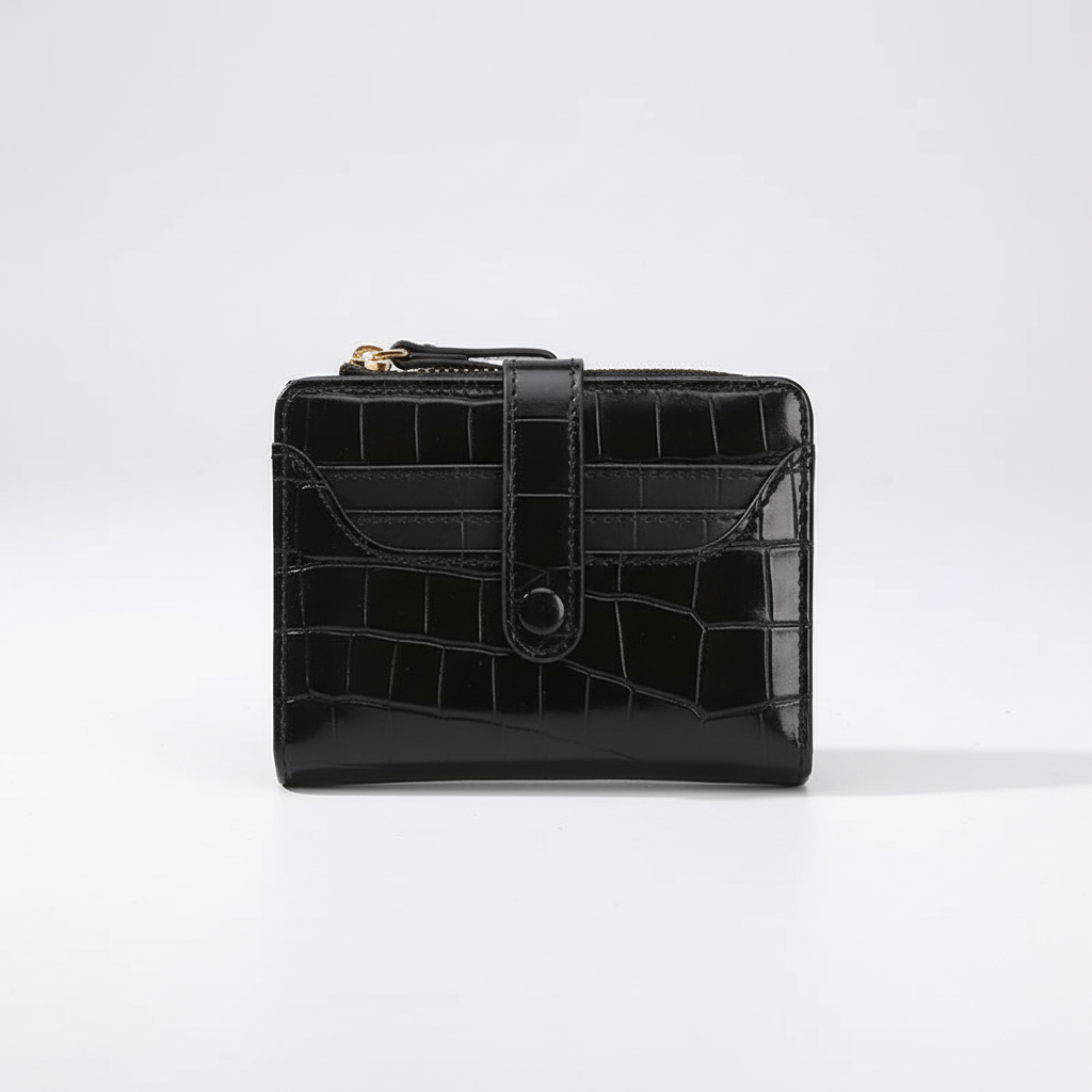 Elegante PVC damesportemonnee met sprankelende pailletten en compact design. Perfect modeaccessoire.