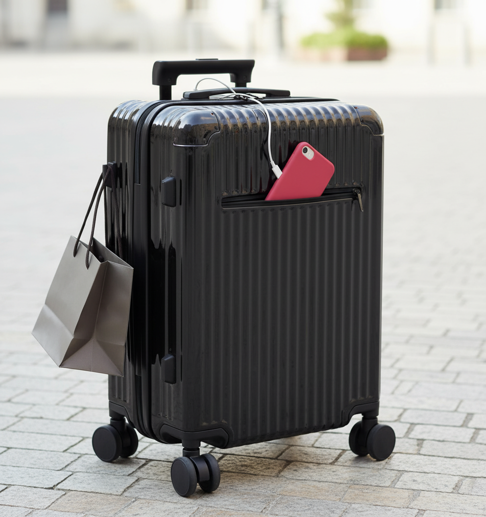 Compacte reiskoffer met soepele wielen en geïntegreerde USB-poort, ideaal voor handbagage en korte reizen.