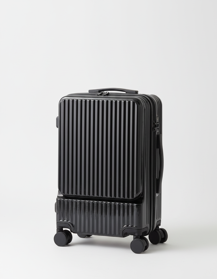 Stijlvolle FlexiCase reistrolley voor handbagage, met robuuste wielen, telescopische trekstang en handige USB-poort.
