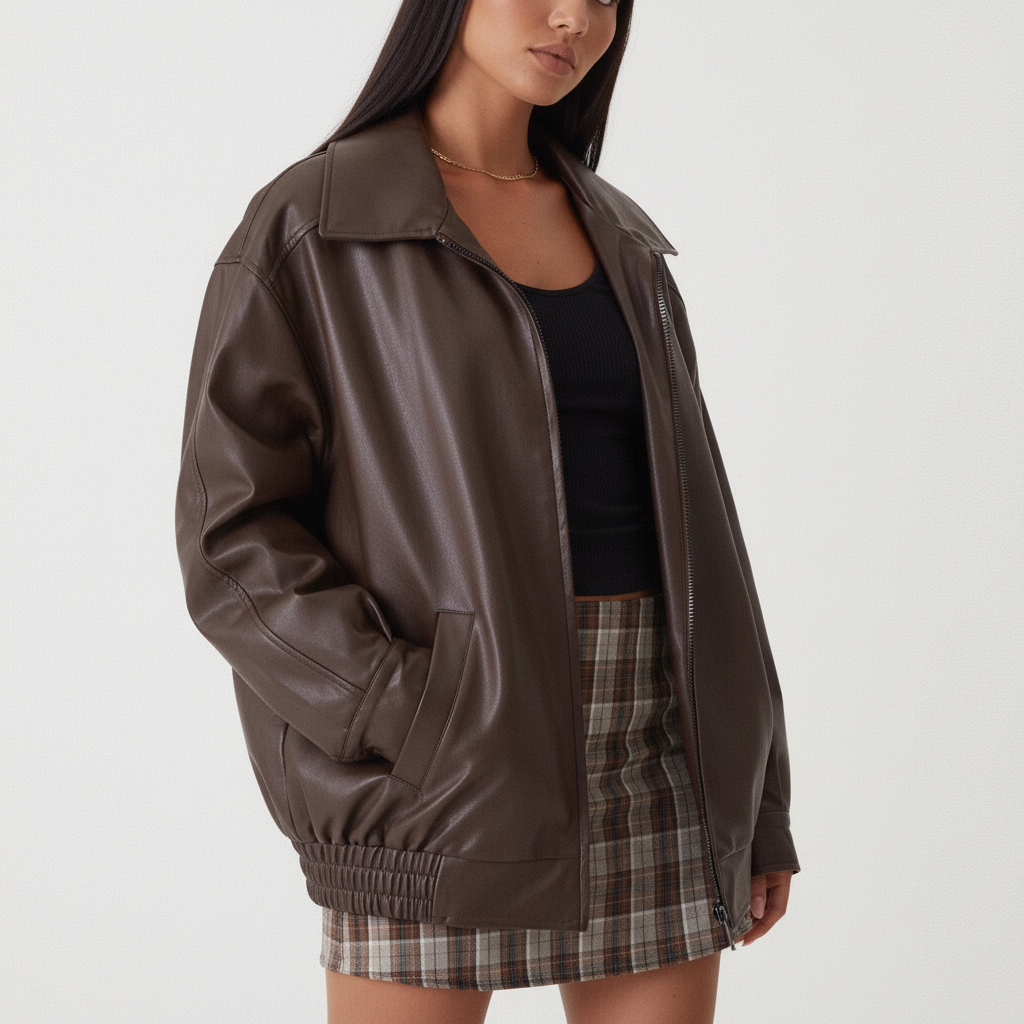 Asymmetrisch bruin kunstleder dames motorjack Stella, stijlvol en comfortabel voor een modieuze look.