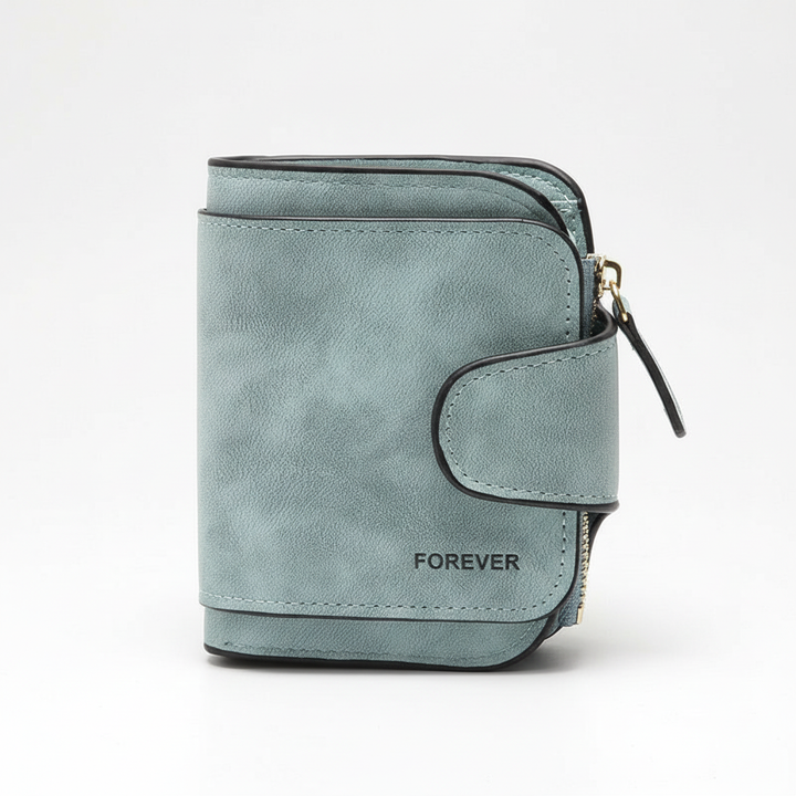 Veilige rits portemonnee voor dames, compact design met ruimte voor pasjes en munten.