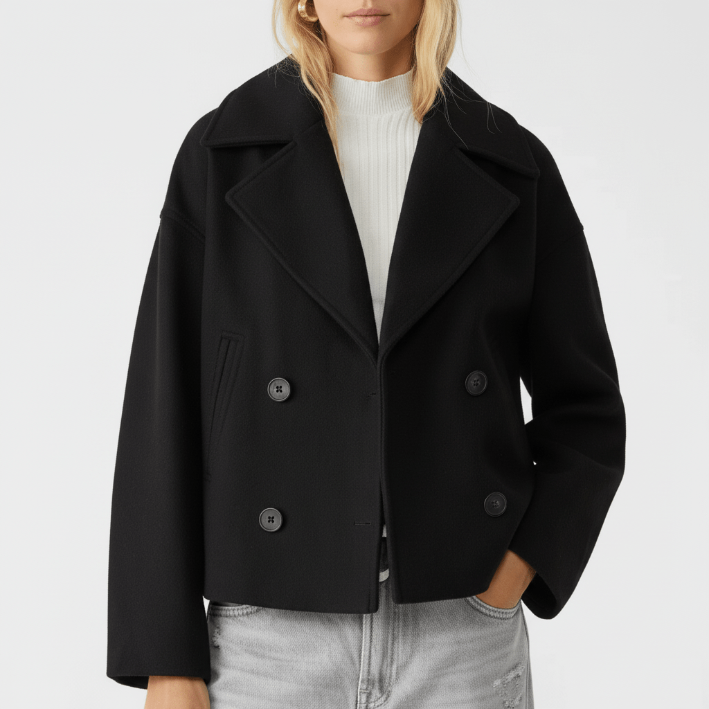 Elegante korte dames blazer Jessica, met dubbele rij knopen, voor een chique en professionele look.