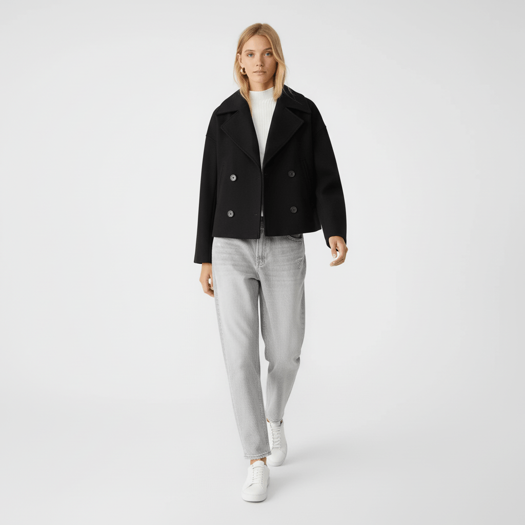 Elegante cropped dames blazer Jessica, met dubbele rij knopen, voor een modieuze look.