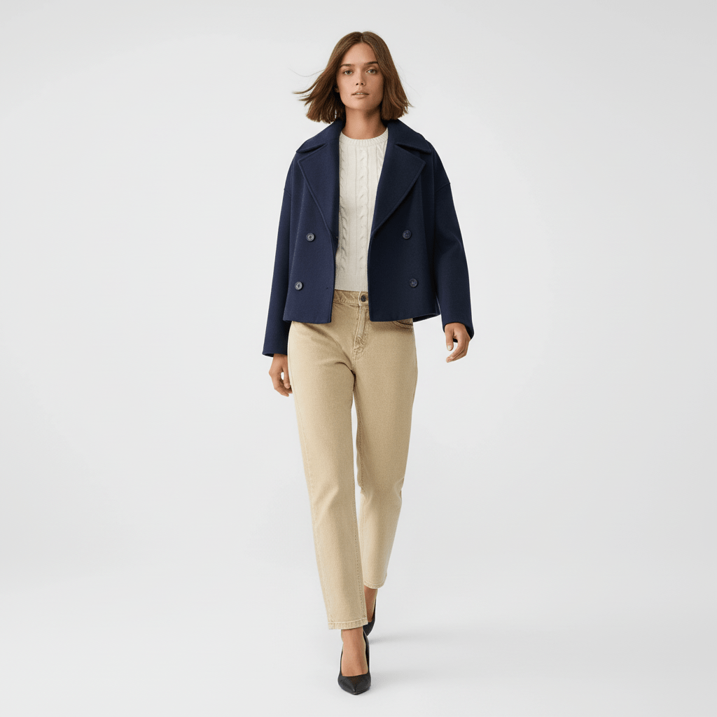 Trendy dames korte jasje Jessica, met elegante tweerijige sluiting voor een chique uitstraling.
