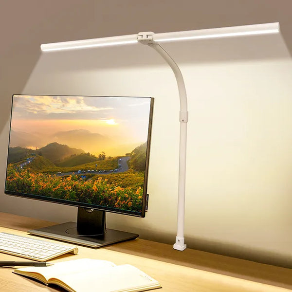 Energiezuinige dimbare LED bureaulamp met dubbele kop en touch bediening; perfect voor lezen of werk.