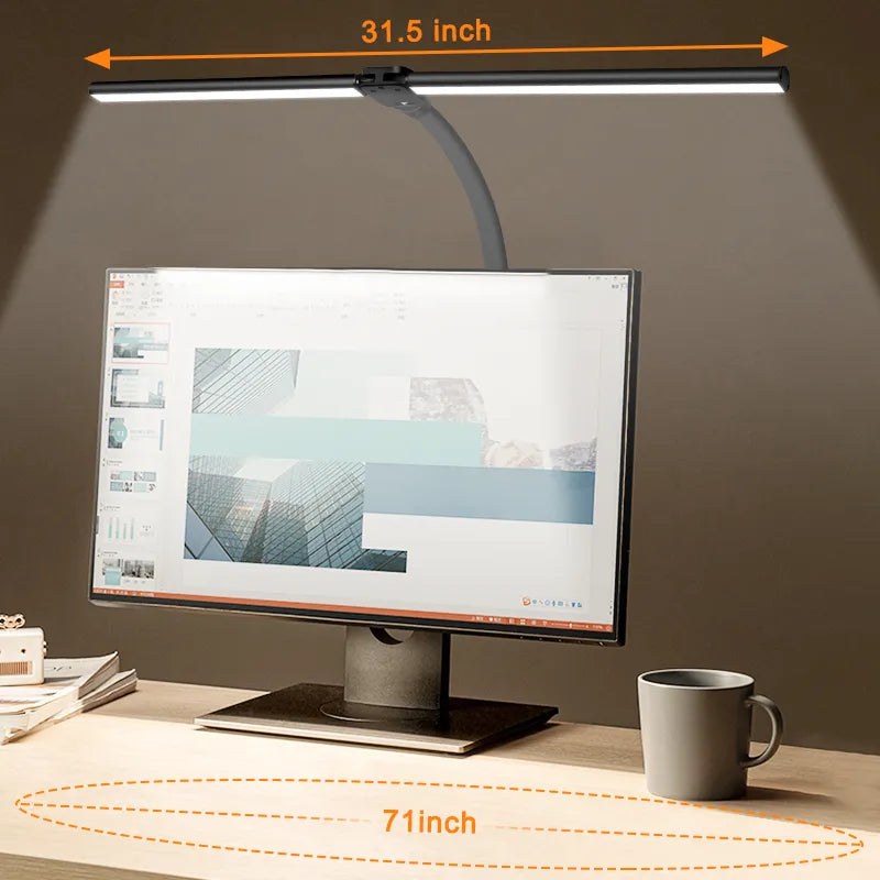 Slanke LED bureaulamp met verstelbare dubbele koppen, ideaal voor een productieve studeer- of werkplek.