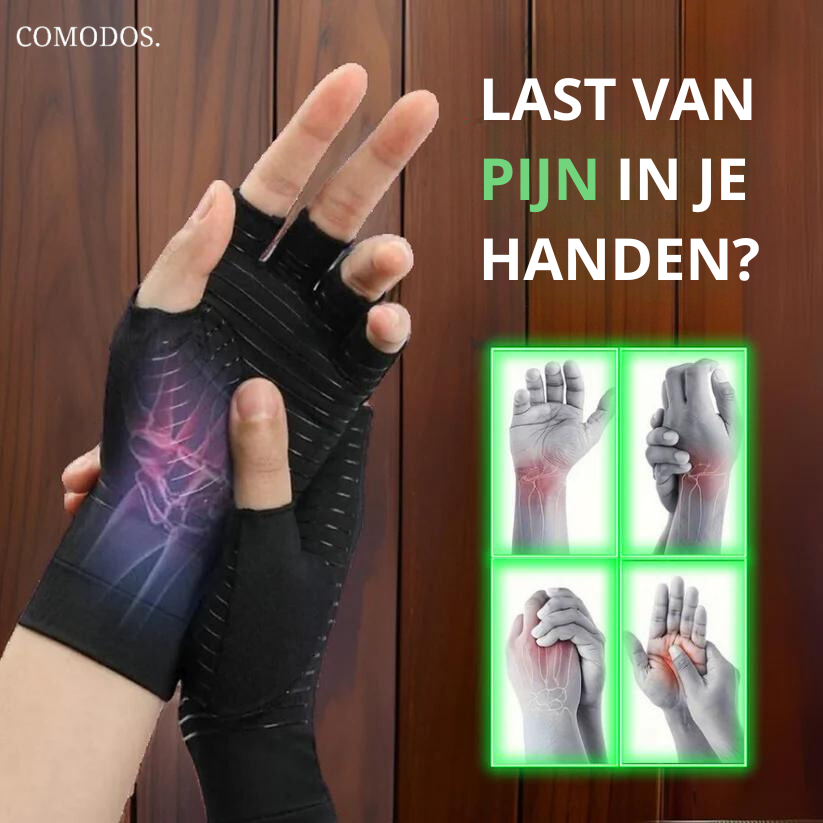 Zwarte unisex compressiehandschoenen voor handpijn verlichting, artritis, reuma en carpaal tunnel syndroom.