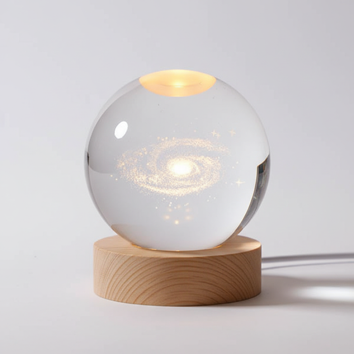 Origineel cadeau: LED nachtlampje met 3D hemel gravure op glas, op elegante houten voet.