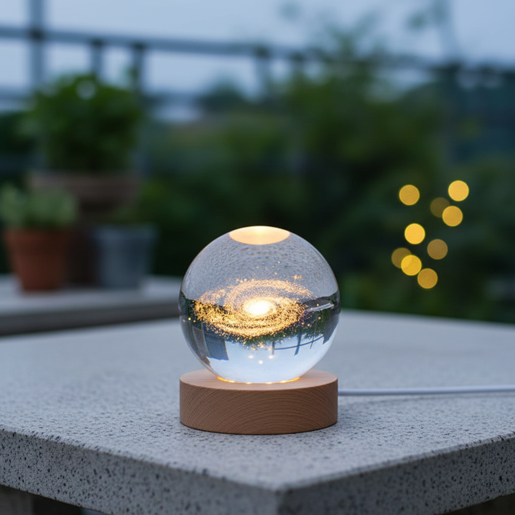 Betoverende LED sfeerlamp met 3D universum gravure, perfect als nachtlampje of decoratie.