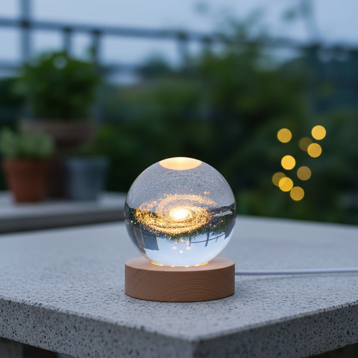 Betoverende LED sfeerlamp met 3D universum gravure, perfect als nachtlampje of decoratie.