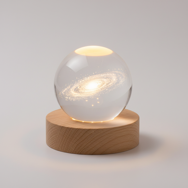 Warmwit LED nachtlampje van glas en hout, met gedetailleerde 3D hemel gravure.