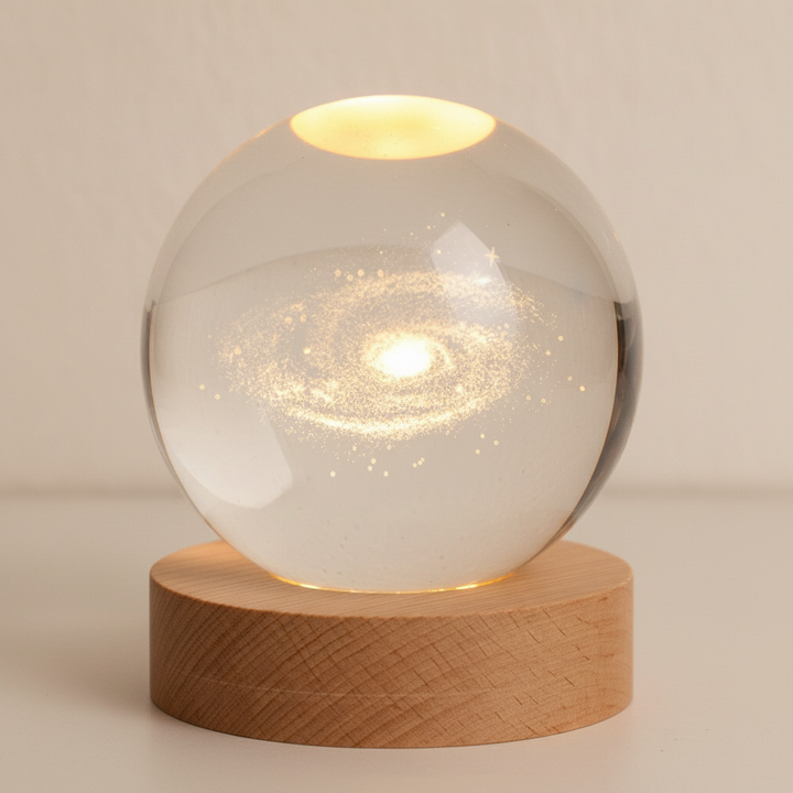 StarLight LED lamp met unieke 3D universum gravure, creëert magische sfeer in de slaapkamer.