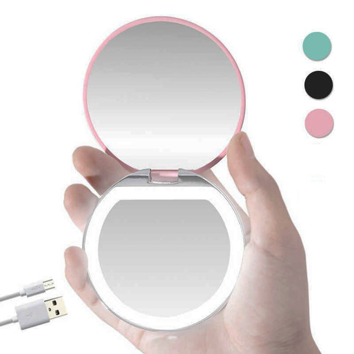 Compacte oplaadbare LED reisschoonheidsspiegel, perfect voor onderweg.