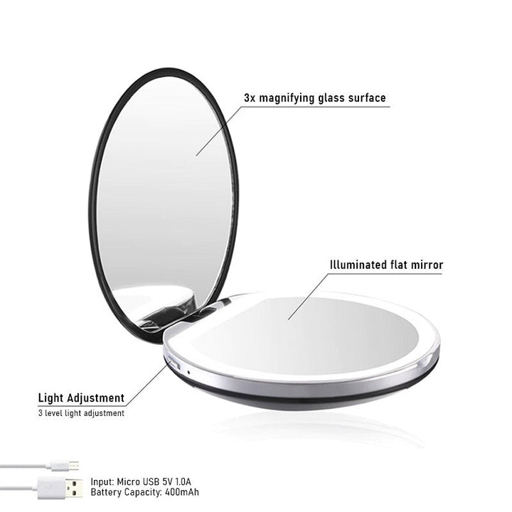 Stijlvolle roze draagbare make-up spiegel met heldere LED verlichting.