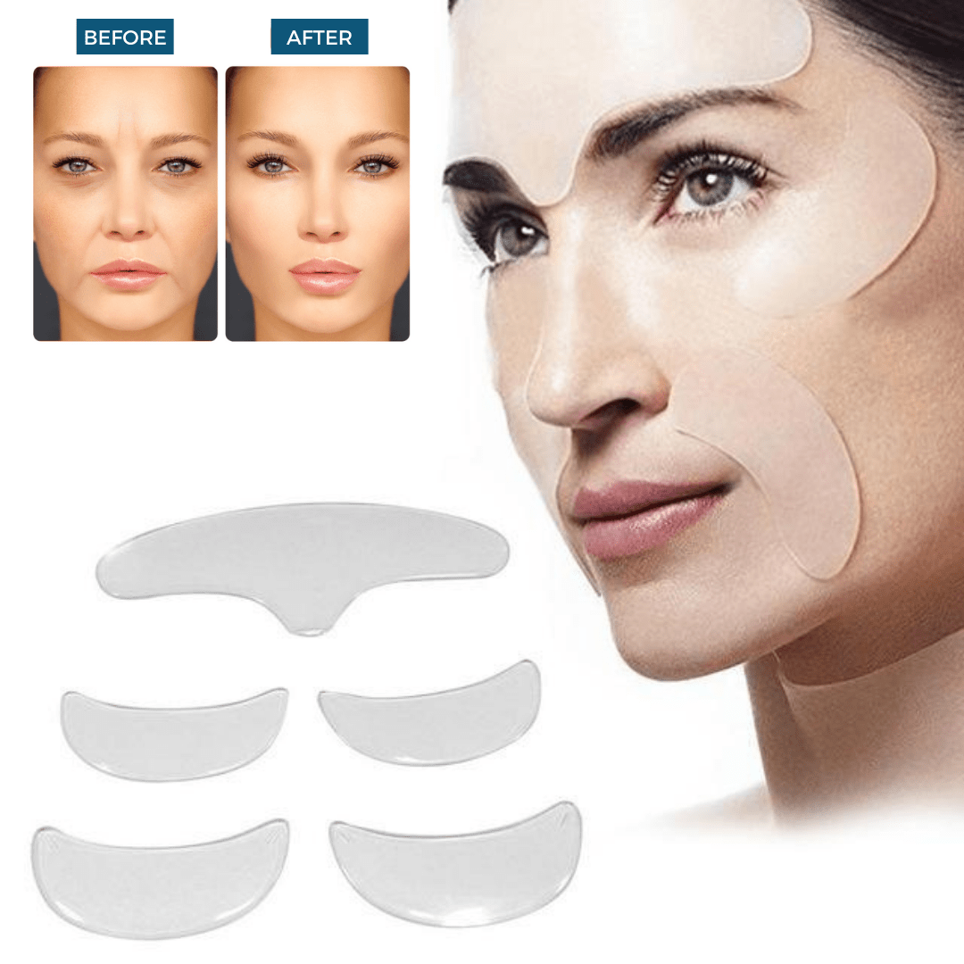 Diverse SilkiPatch siliconen patches voor gezicht, hals en decolleté voor complete anti-aging huidverbetering.