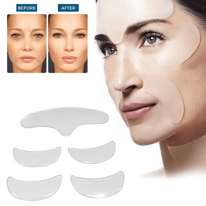 Diverse SilkiPatch siliconen patches voor gezicht, hals en decolleté voor complete anti-aging huidverbetering.