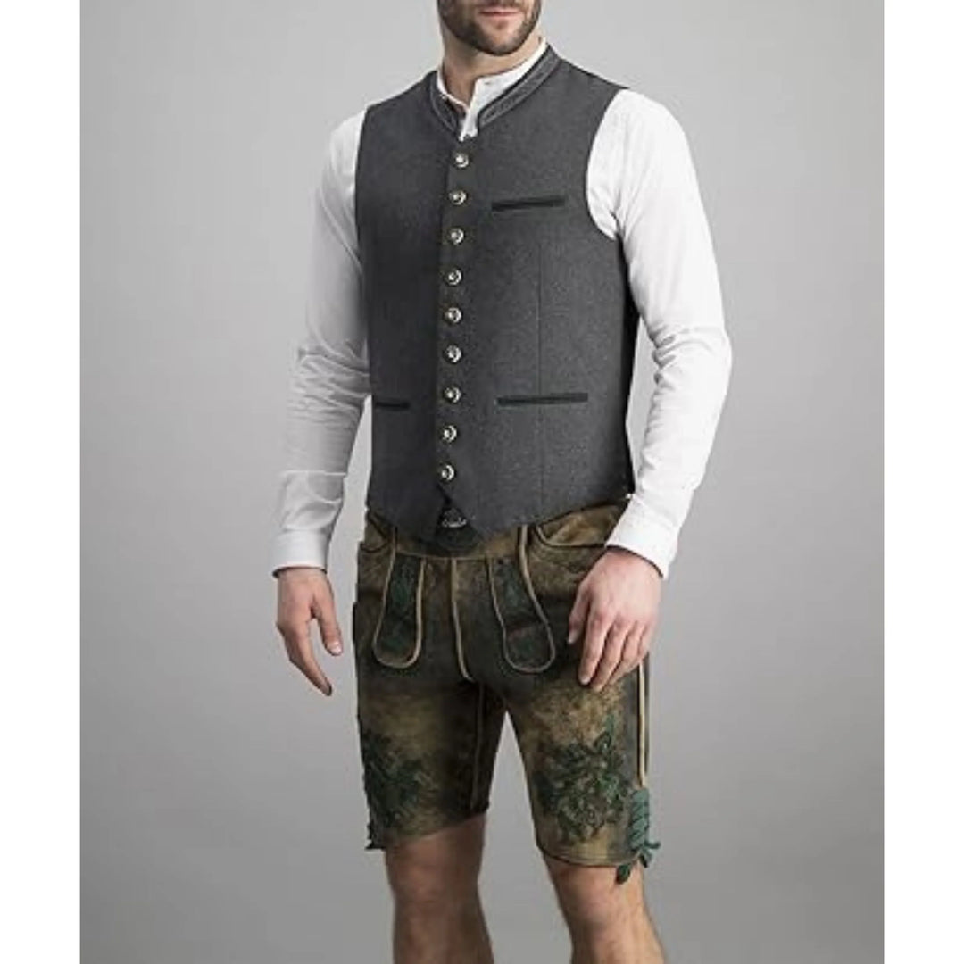 Elegant grijs heren gilet met klassieke kraag voor een verfijnde herenmode stijl en formele kleding.