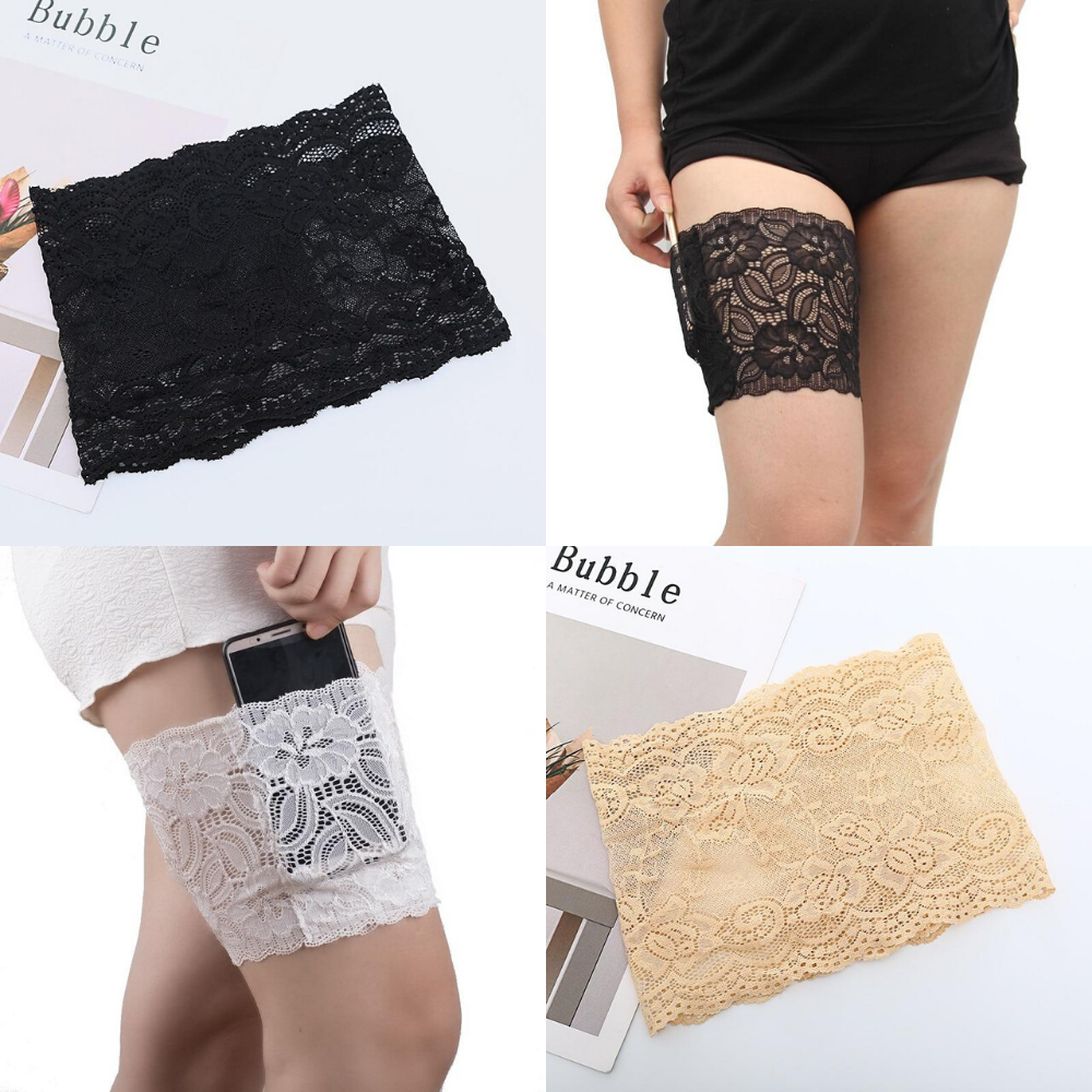 Mooie dames ondergoed kanten beenband met discreet opbergvak voor telefoon, comfortabel en modieus accessoire.