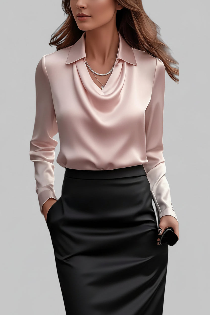 Zakelijke gedrapeerde damesblouse met lange mouwen, professionele kantooroutfit voor vrouwenkleding.