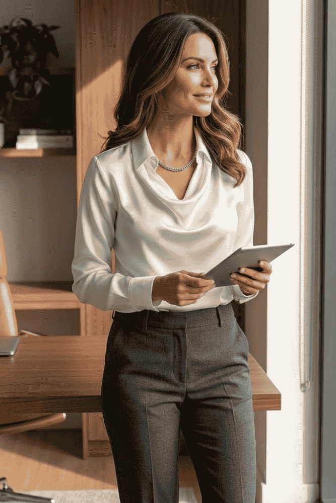 Comfortabele en veelzijdige gedrapeerde blouse met lange mouwen. Perfect voor casual of een zakelijke look.