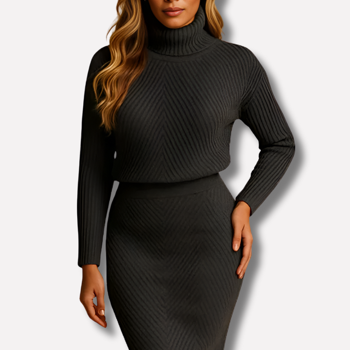 Modieuze amber dames midi-jurk met lange mouwen; veelzijdig en elegant voor winterkleding.