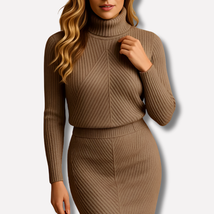Warme amber midi-jurk voor dames met lange mouwen; een elegante en must-have winterjurk.
