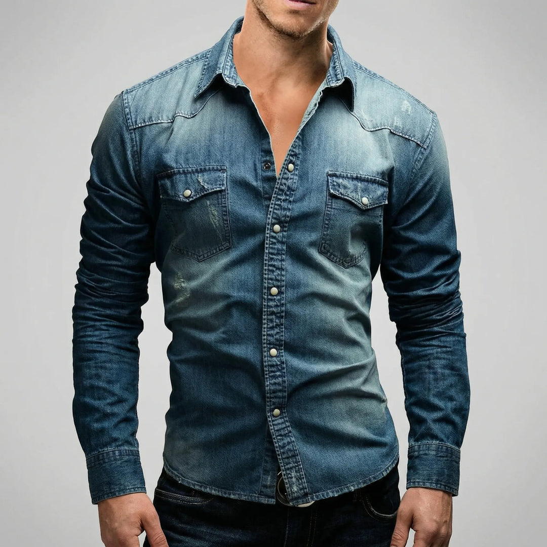 Donkerblauw casual slim fit herenoverhemd, lange mouwen, tijdloos en stijlvol voor dagelijks gebruik.