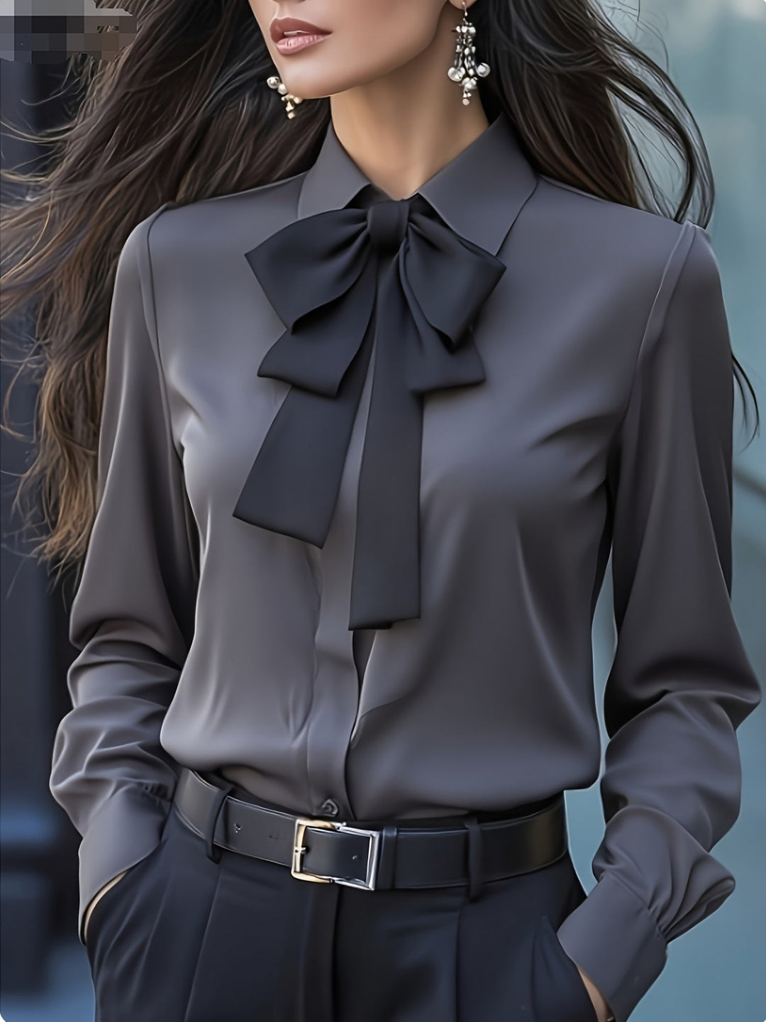 Modieuze dames blouse met lange mouwen en opvallend strikdetail bij de hals, veelzijdig voor elk seizoen.