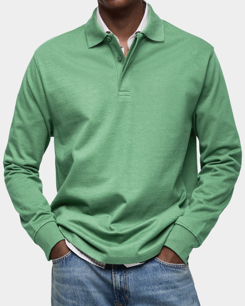 Zacht heren poloshirt lange mouwen, comfortabel en warm, ideaal voor koudere herfst/winter dagen.