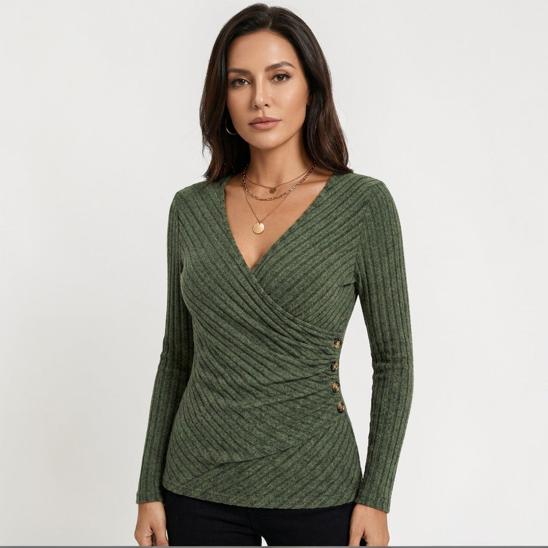 Comfortabele dames top met lange mouwen en een flatterende V-hals, veelzijdig voor casual en zakelijke outfits.