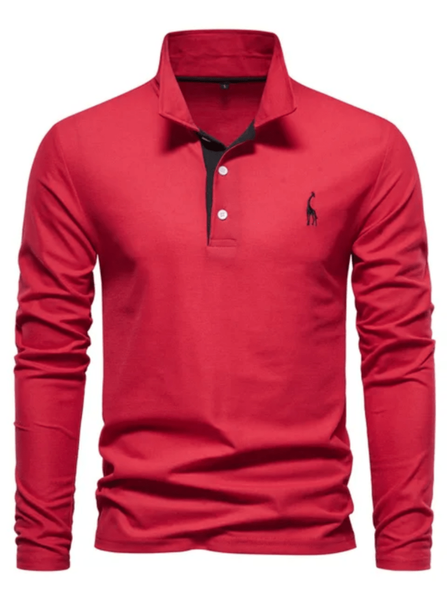 Man draagt stijlvol heren lange mouw poloshirt met reguliere pasvorm, perfect voor een casual-chique look.
