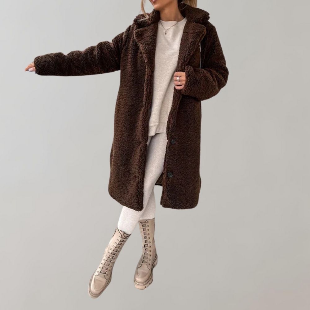 Comfortabele en warme lange teddy jas voor dames. Een must-have item voor de modieuze winter.
