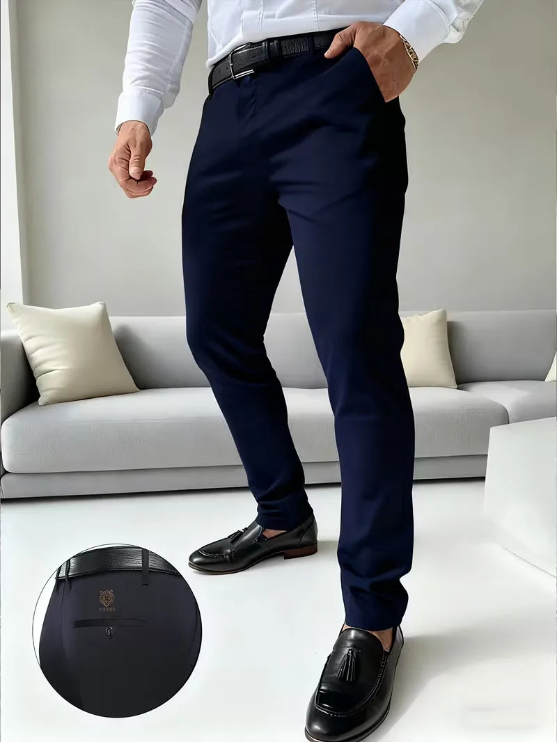 Grijze casual slimfit herenbroek met tijgerborduur voor een eigentijdse look.