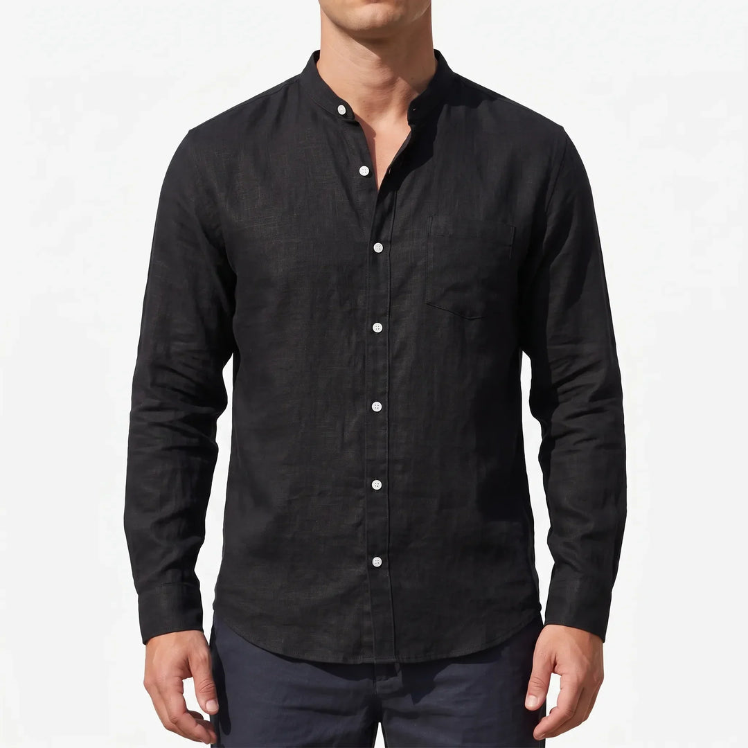 Modern heren overhemd met lange mouwen en opstaande kraag. Perfect voor seizoensmode en comfort.