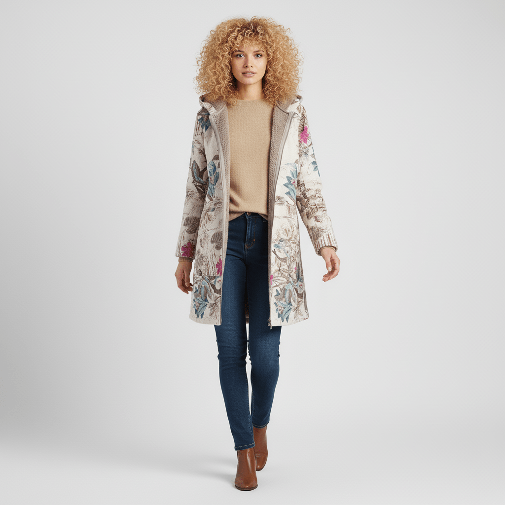 Diepblauwe getailleerde damesjas Ella, met capuchon, chique en warm, perfecte winterjas.