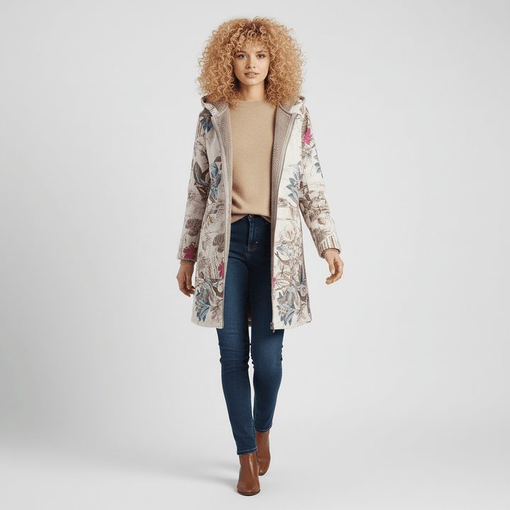 Diepblauwe getailleerde damesjas Ella, met capuchon, chique en warm, perfecte winterjas.