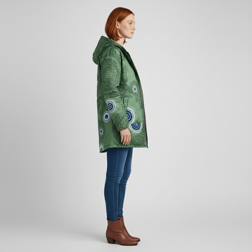 Olijfgroene lange damesjas, getailleerd en met capuchon, praktische en elegante bovenkleding.