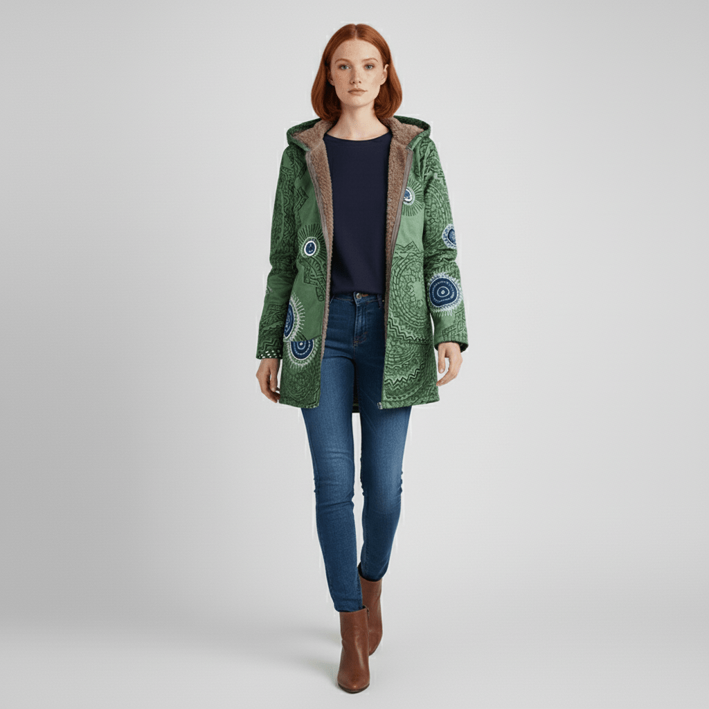 Crème kleurige lange winterjas voor dames, getailleerd model met capuchon, modieus.