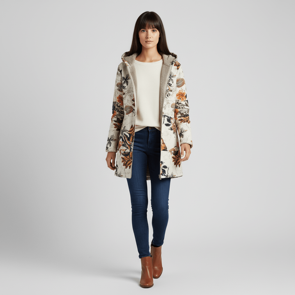 Camelkleurige modieuze getailleerde damesjas, lange lengte en capuchon, retro look.
