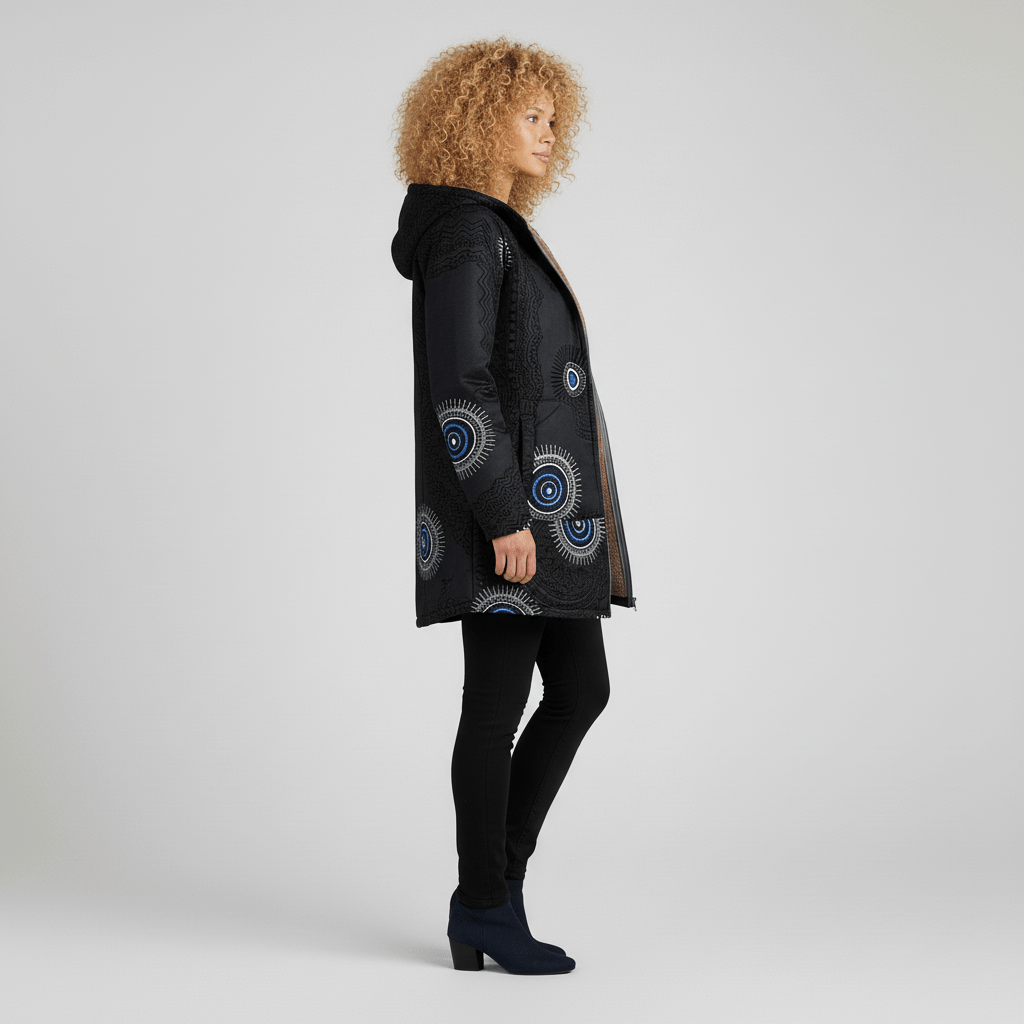 Mosgroene elegante lange damesjas met capuchon, getailleerd voor een slank silhouet, stijlvol.