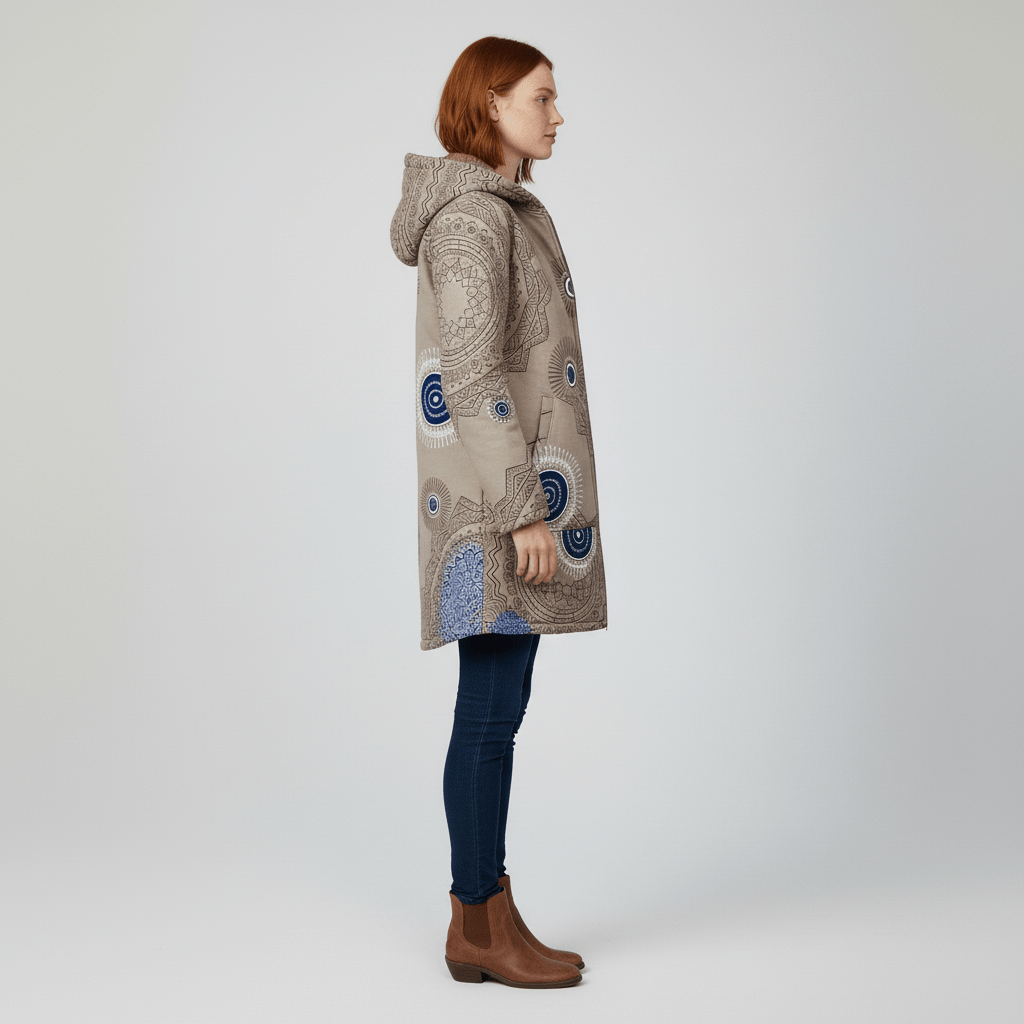 Zwarte getailleerde damesjas met capuchon, lange lengte, een onmisbare winterjas.