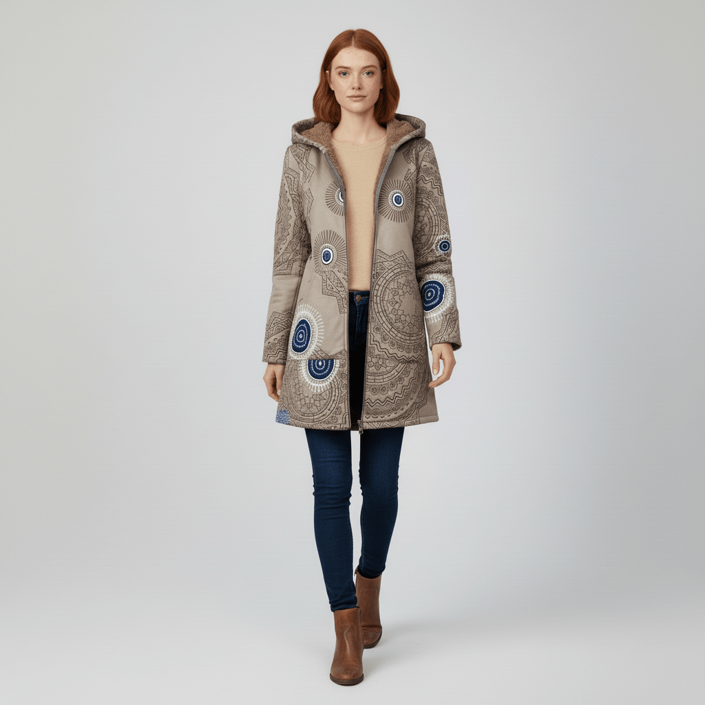 Witte lange damesjas Ella, getailleerd met capuchon, frisse en modieuze bovenkleding.
