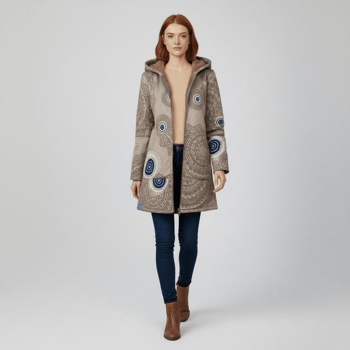 Witte lange damesjas Ella, getailleerd met capuchon, frisse en modieuze bovenkleding.