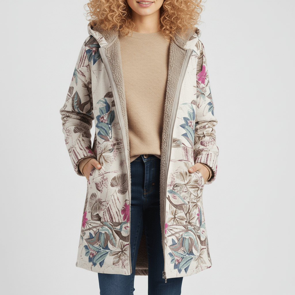 Blauwe warme getailleerde damesjas met capuchon, lange lengte, comfortabele bovenkleding Ella.