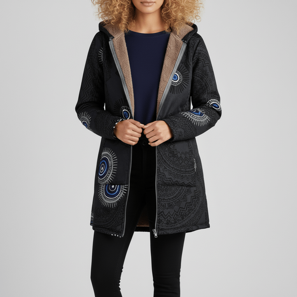 Zwarte getailleerde damesjas Ella, met capuchon en lange snit, veelzijdige winterbovenkleding.
