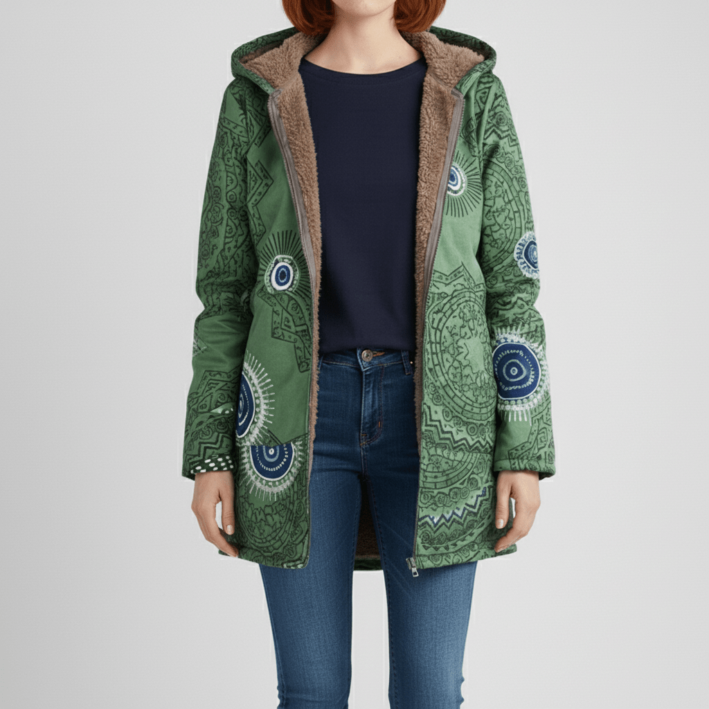 Marineblauwe lange damesjas met capuchon, getailleerd, elegant en praktisch voor de winter.