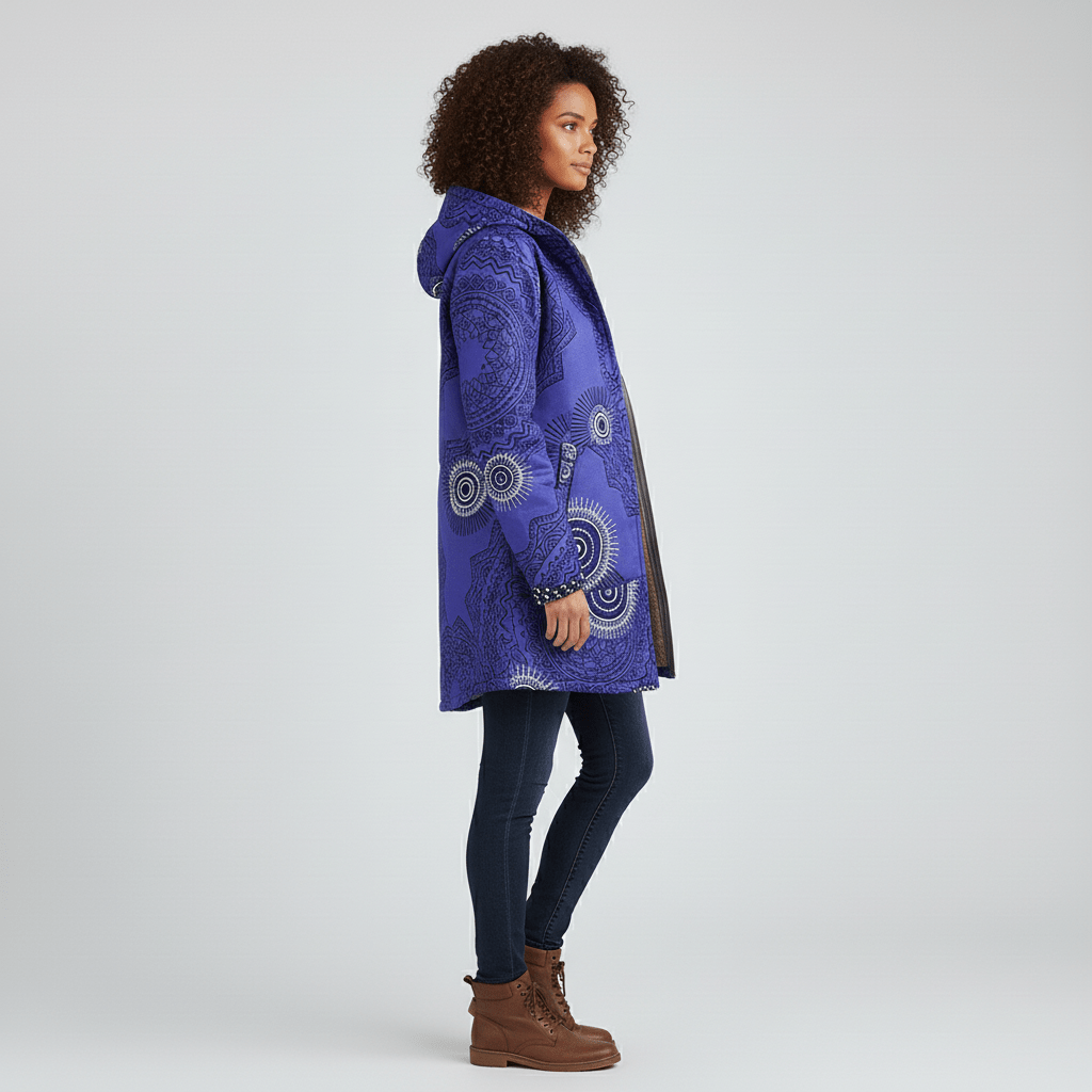 Marineblauwe modieuze lange damesjas met capuchon en getailleerde pasvorm, retro stijl.