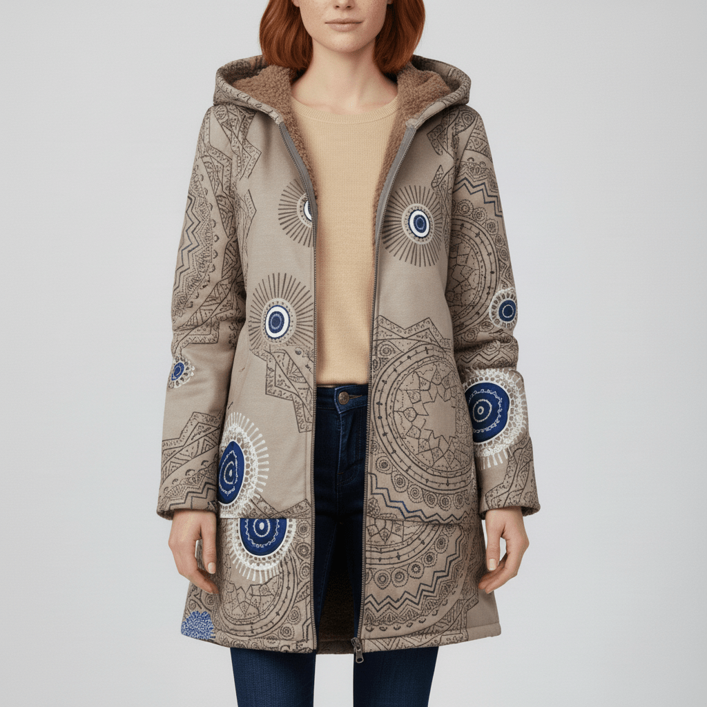 Olijfgroene warme getailleerde damesjas Ella, lange lengte, capuchon, stijlvolle buitenkleding.