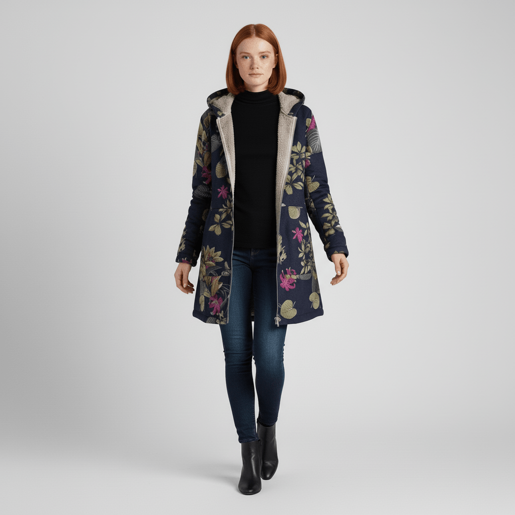 Rode retro stijl lange winterjas voor dames, getailleerd model met capuchon, chique.