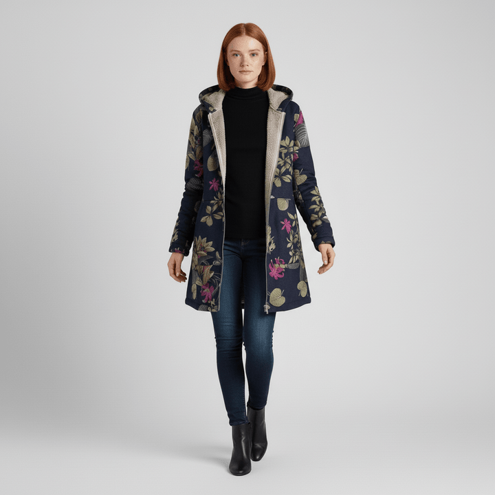Rode retro stijl lange winterjas voor dames, getailleerd model met capuchon, chique.